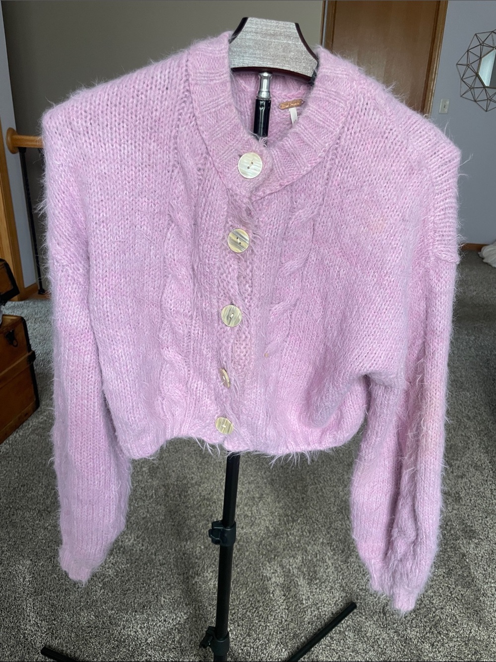 Free People Lilac Mohair-Blend Cable Knit Button Cardigan